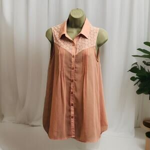 blu pepper Lace Top Womens S Sheer Pleated Button Up Lightweight Sleeveless